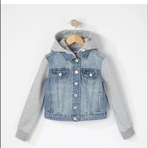 Girls Jean jacket with grey knit hood and sleeves